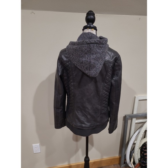 Mo-Ka Women SZ S dk Grey faux Leather Moto jacket Biker quilted hooded goth punk - Picture 5 of 12